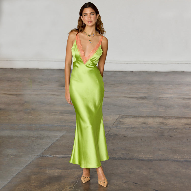Lime Green Satin Dress with Coral Lace Detailing | Petite V-Neck