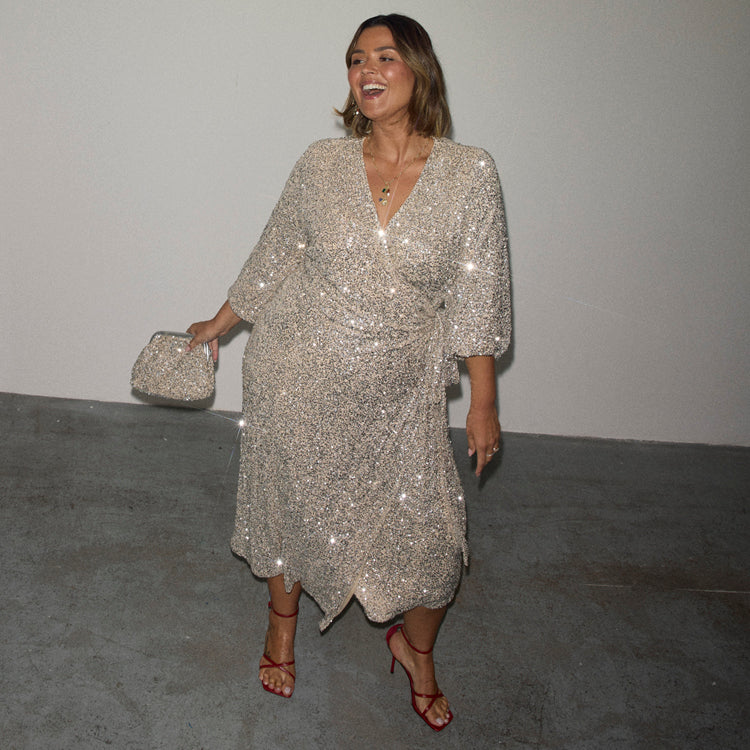 Silver Sequin Wrap Dress for Women | Kira Petite