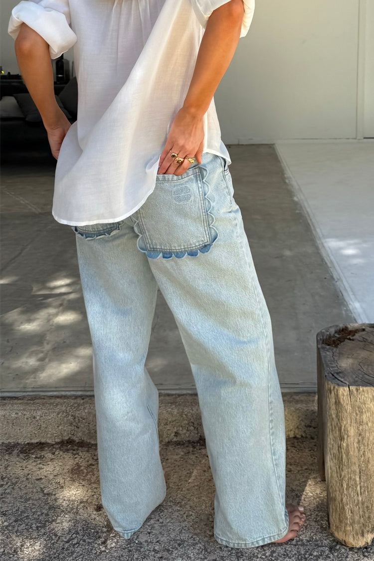 Blue Wide-Leg Jeans with Scallop Pockets | Petite Denim