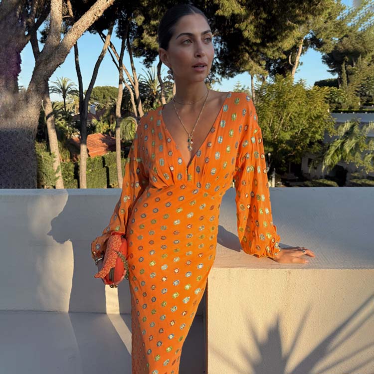 Coral Metallic Foil Dress for Wedding Guests | Emma Petite