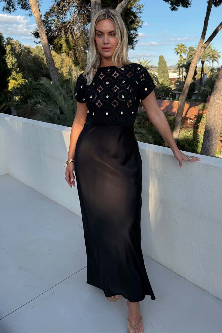 Black Crochet Shell Dress with Satin Fabric | Elodie Petite
