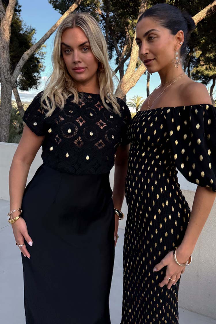 Black Crochet Shell Dress with Satin Fabric | Elodie Petite
