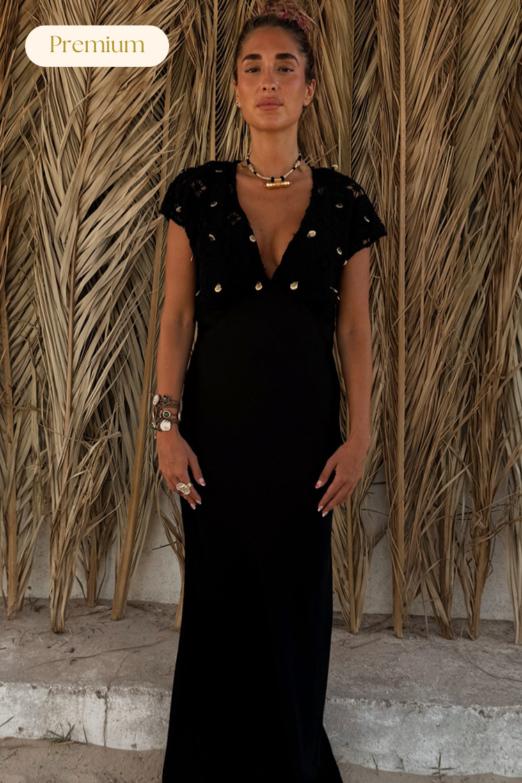 Black Crochet Shell Dress with Satin Fabric | Elodie Petite