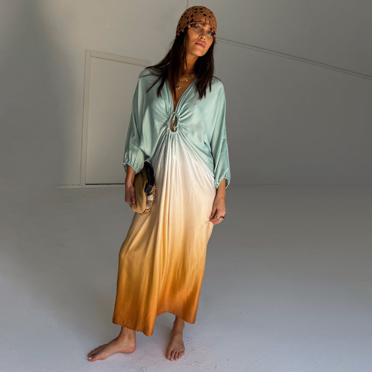 Blue Ombre Toria Dress for Petite Women | Tie Bust & Elastic Cuffs