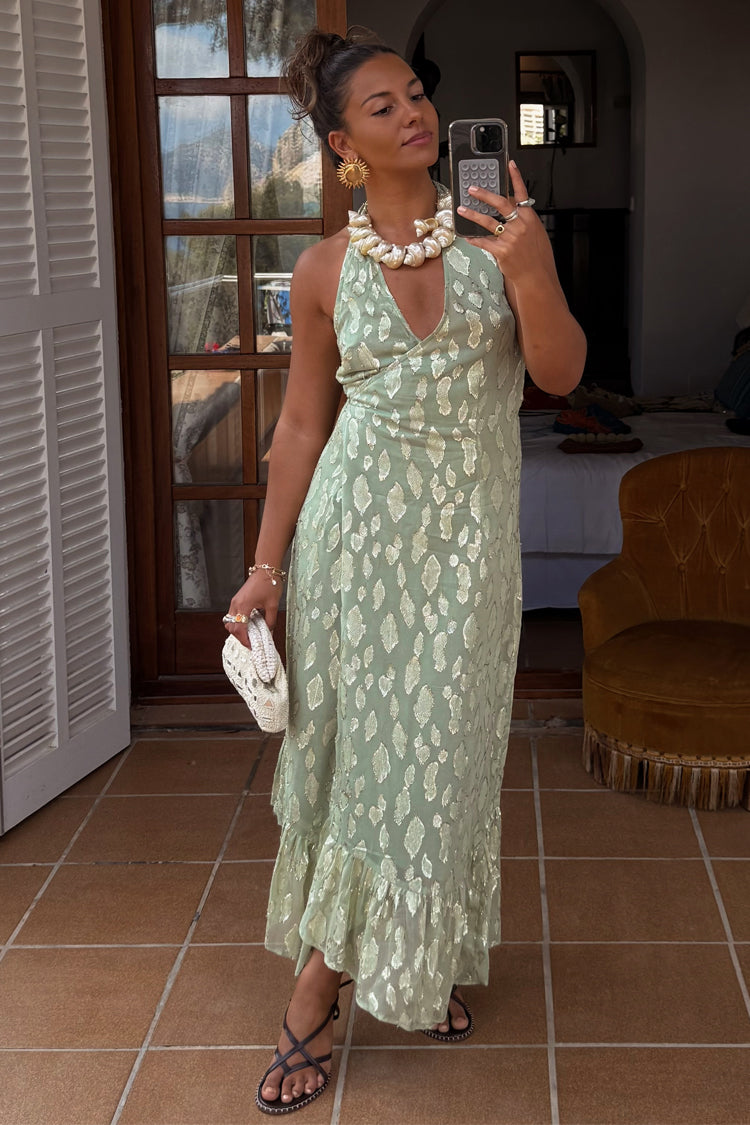 Sage Green Jacquard Maxi Dress for Wedding Guests | Freya
