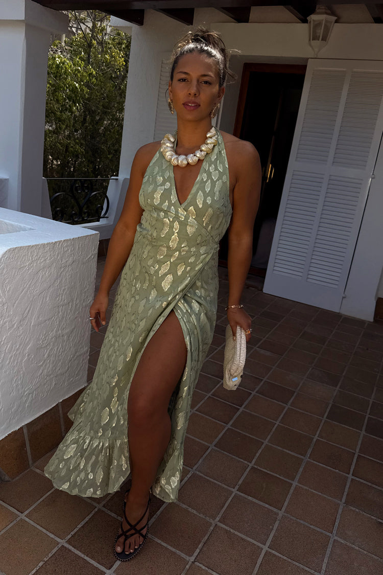 Sage Green Jacquard Maxi Dress for Wedding Guests | Freya