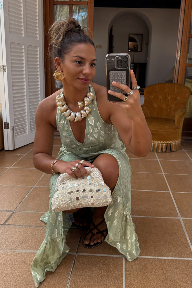 Sage Green Jacquard Maxi Dress for Wedding Guests | Freya