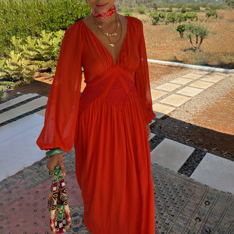 Red & Pink Shirred Waist Dress for Women | Petite Day to Night Outfit