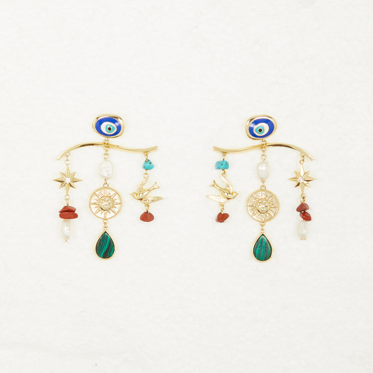 Gold Plated Turquoise Charm Earrings with Freshwater Pearl | Balearic Jewelry