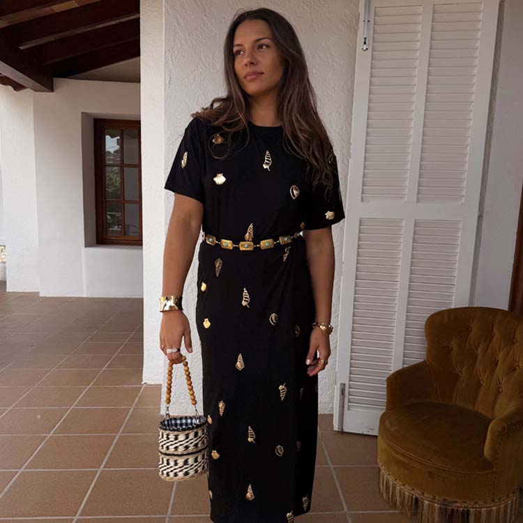 Black Midi Wrap Dress with Elastic Waist | Leia Petite