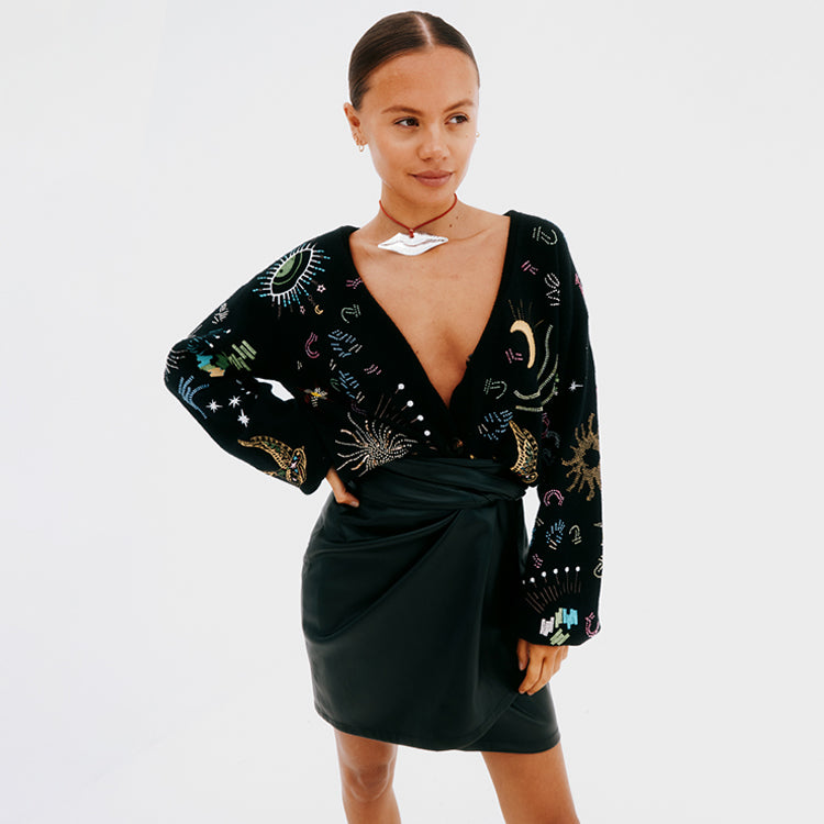 Black Vegan Leather Mini Skirt with Wrap Waist | Jaspre Petite