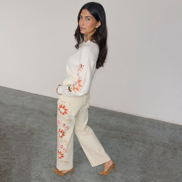Scallop Embroidered Wide Leg Jeans for Women | Ecru Petite Denim