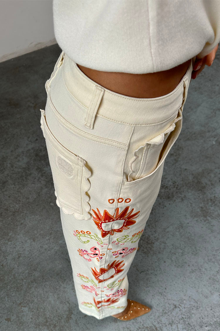 Scallop Embroidered Wide Leg Jeans for Women | Ecru Petite Denim