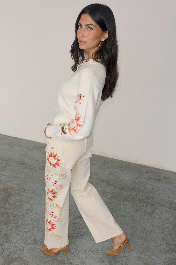 Scallop Embroidered Wide Leg Jeans for Women | Ecru Petite Denim