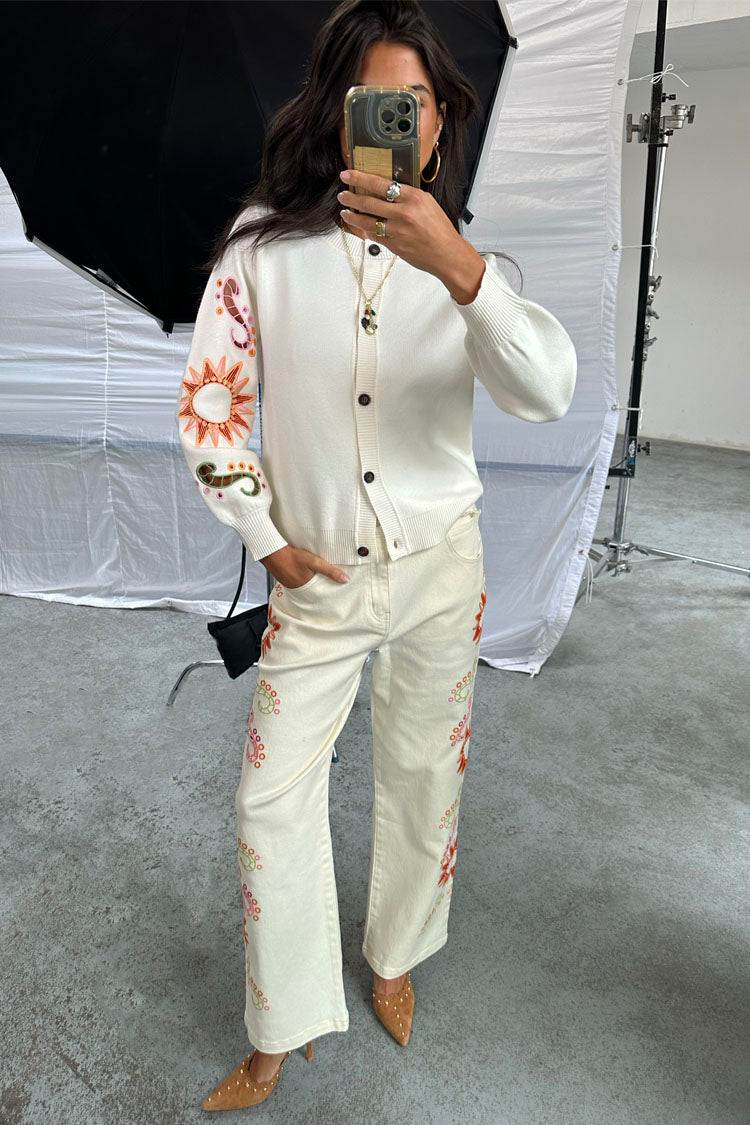 Scallop Embroidered Wide Leg Jeans for Women | Ecru Petite Denim