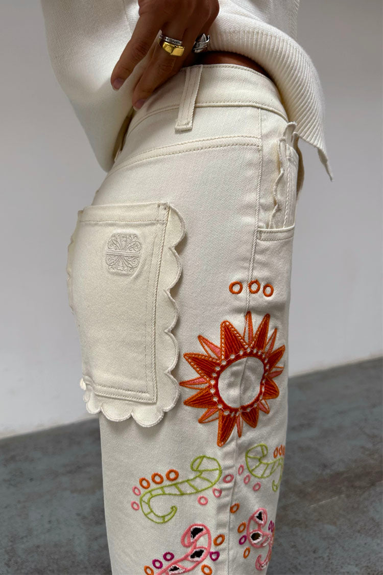 Scallop Embroidered Wide Leg Jeans for Women | Ecru Petite Denim