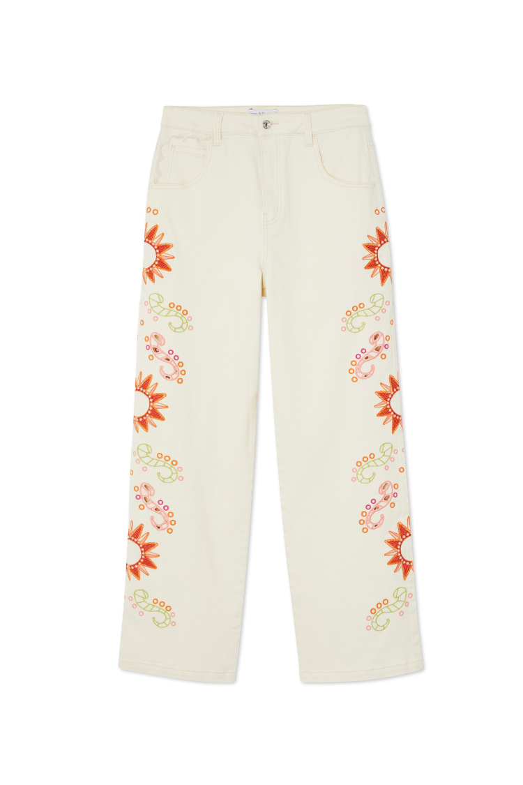 Scallop Embroidered Wide Leg Jeans for Women | Ecru Petite Denim