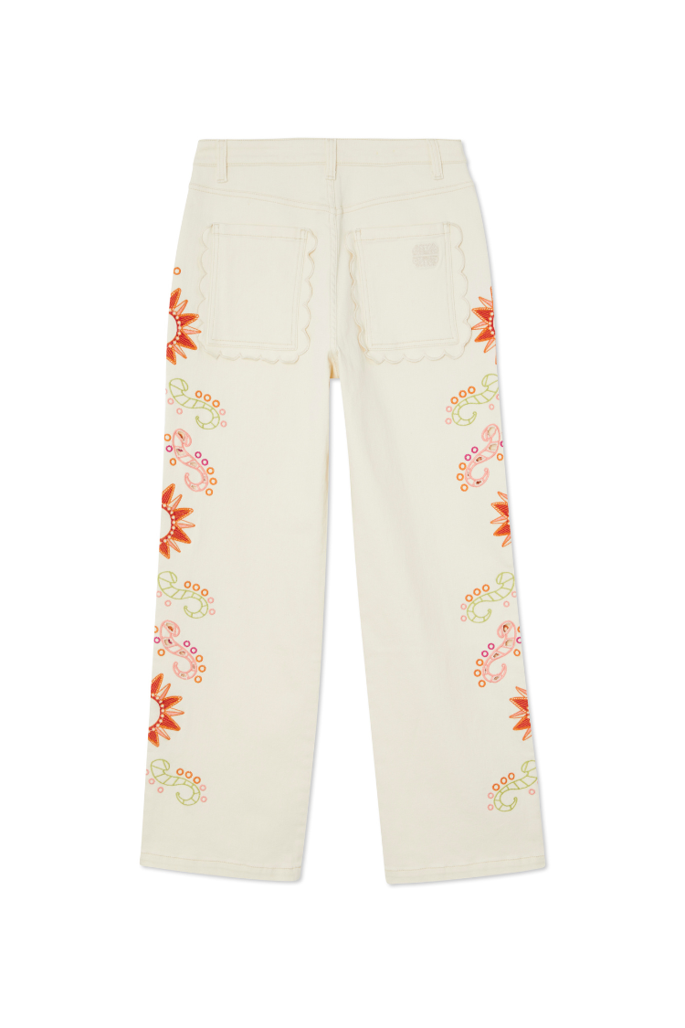 Scallop Embroidered Wide Leg Jeans for Women | Ecru Petite Denim