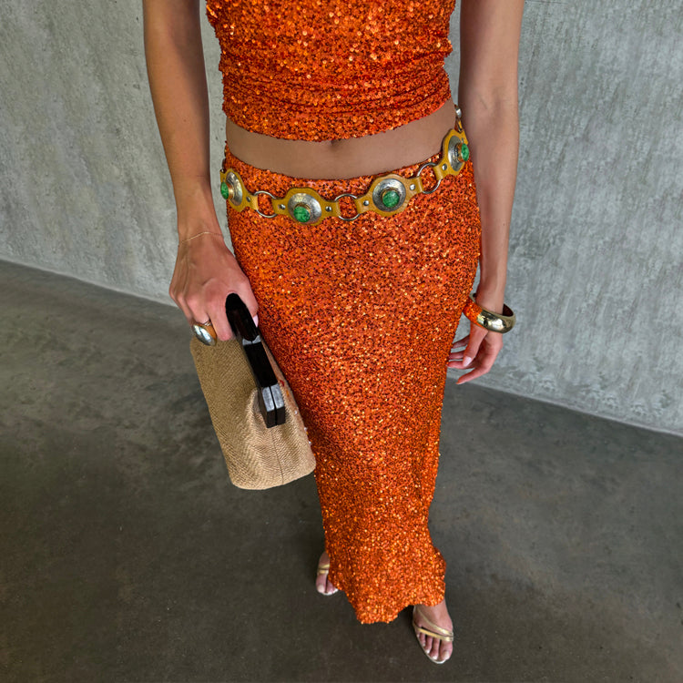 Orange Sequin Skirt for Women | Petite & Elastic Waist | Dorris