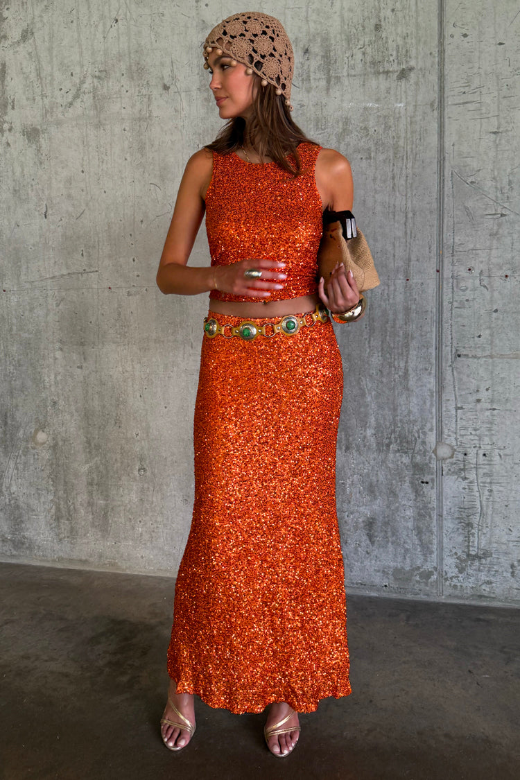 Orange Sequin Skirt for Women | Petite & Elastic Waist | Dorris