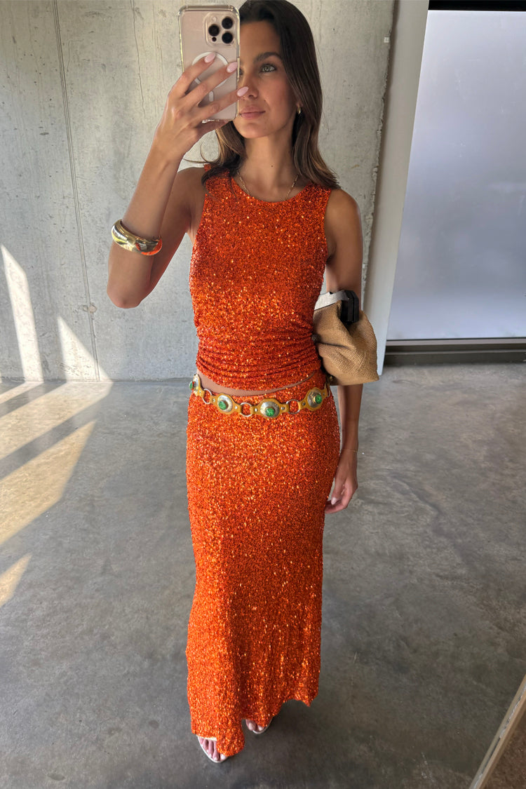 Orange Sequin Skirt for Women | Petite & Elastic Waist | Dorris