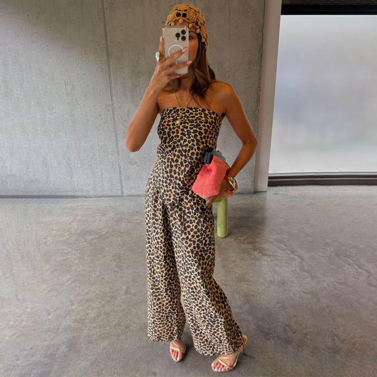 Leopard Print Wide-Leg Trousers with Elastic Waist | Lucia Elissa Petite