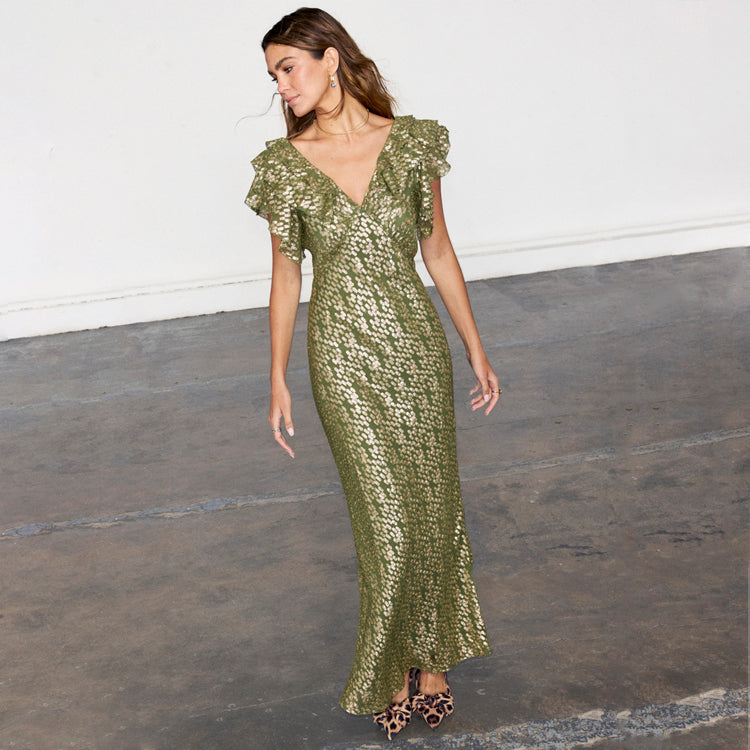 Olive Jacquard Dress with Gold Fleck Foil | Tilda Silhouette