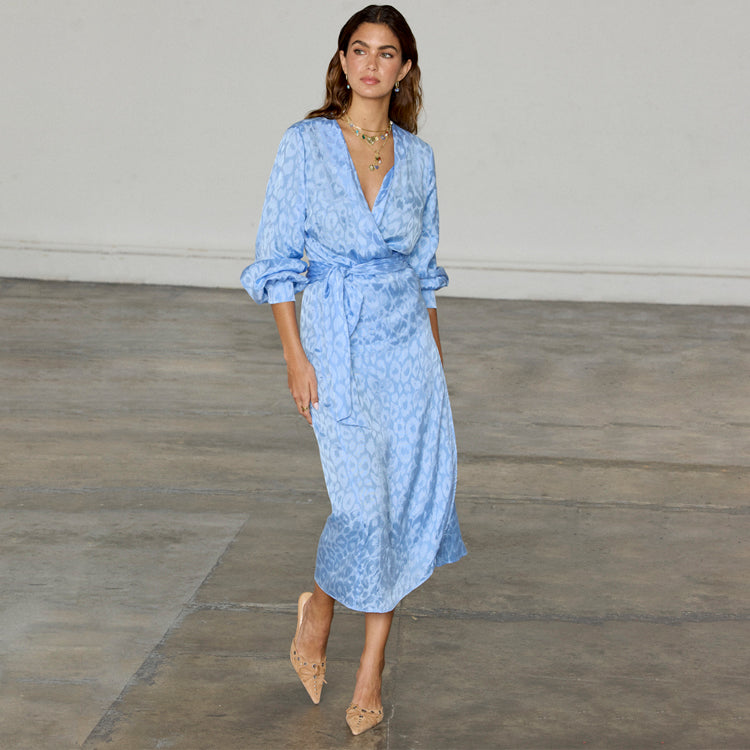 Sky Blue Jacquard Wrap Dress with Adjustable Waist | Vienna Dress