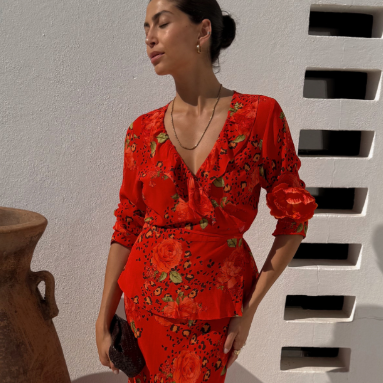 Floral Leopard Print Wrap Top with Frill Neckline | Rosie Long Sleeve