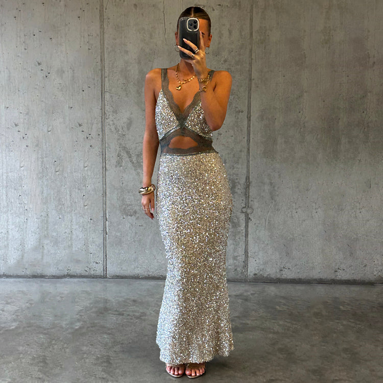 Silver Sequin Dress with Lace Trim & Cut Outs | Mimi Collection