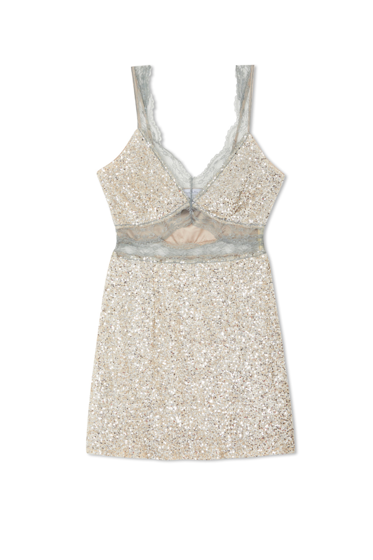 Silver Sequin Mini Dress with Lace Trim | Mimi Dress