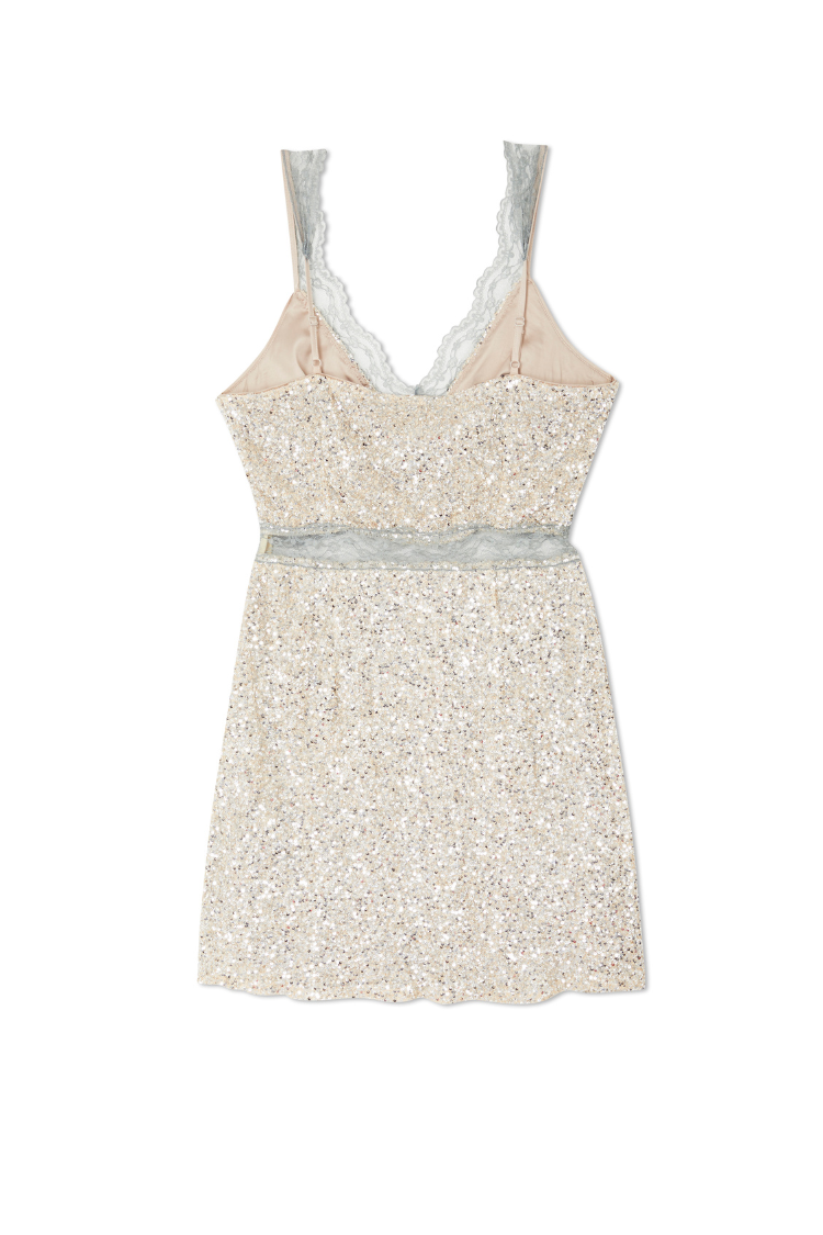 Silver Sequin Mini Dress with Lace Trim | Mimi Dress