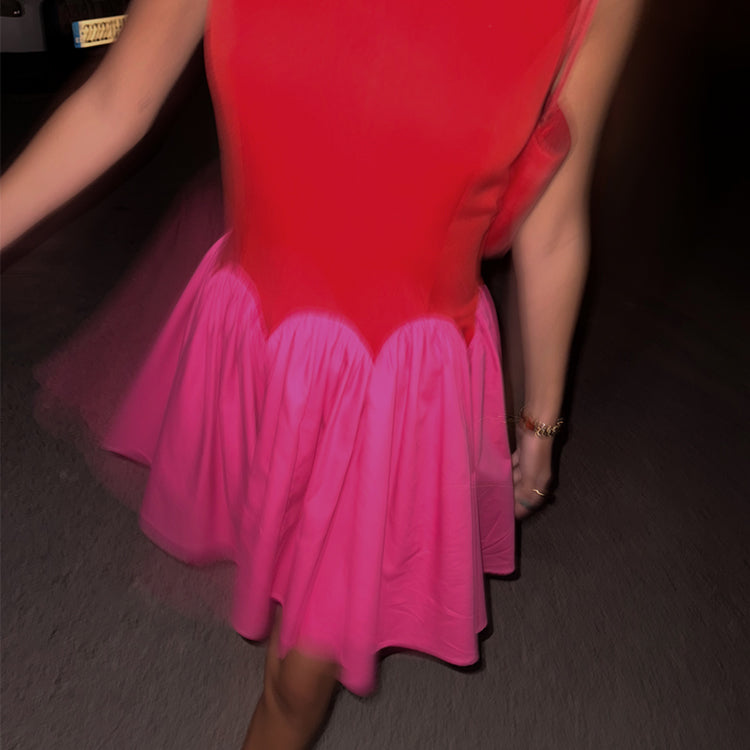 Red & Pink Corset Mini Dress with Pleated Skirt | Monika