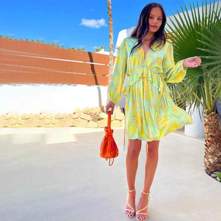 Blue Mini Swirl Dress with Adjustable Waist Tie | Palm