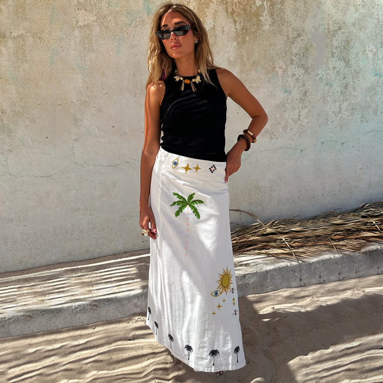 Cream Cotton Wrap Skirt with Sun Embroidery | Sunshine Jaspre