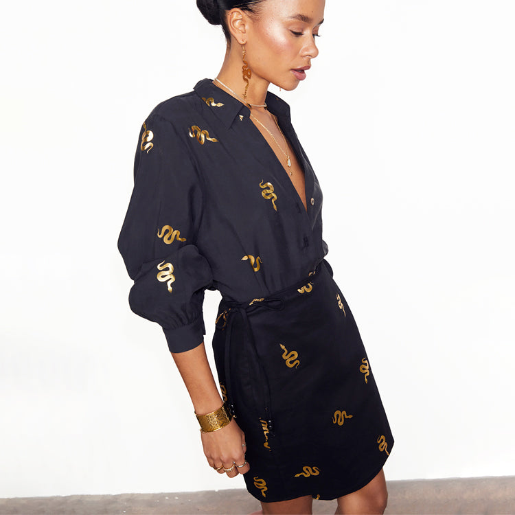 Black Snake Print Wrap Mini Skirt in Cotton Linen | Adjustable Tie