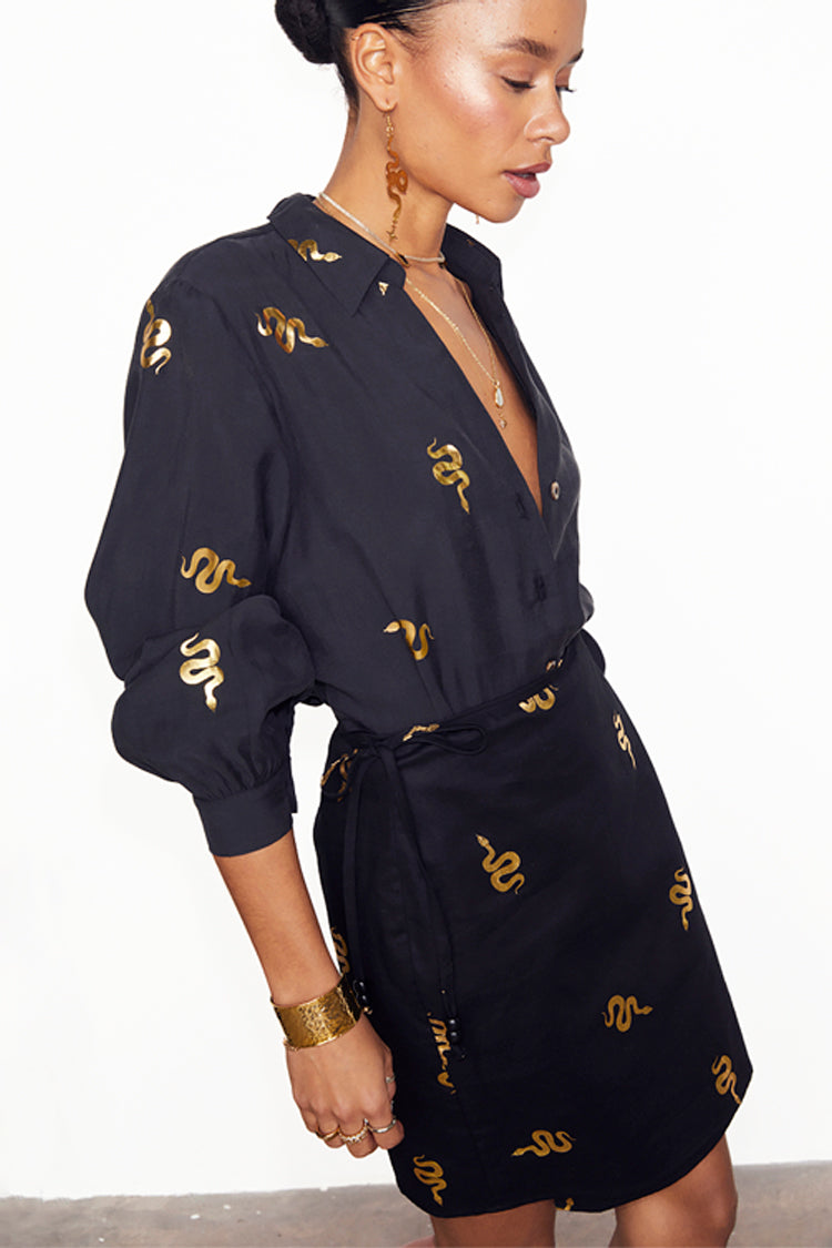 Black Snake Print Wrap Mini Skirt in Cotton Linen | Adjustable Tie