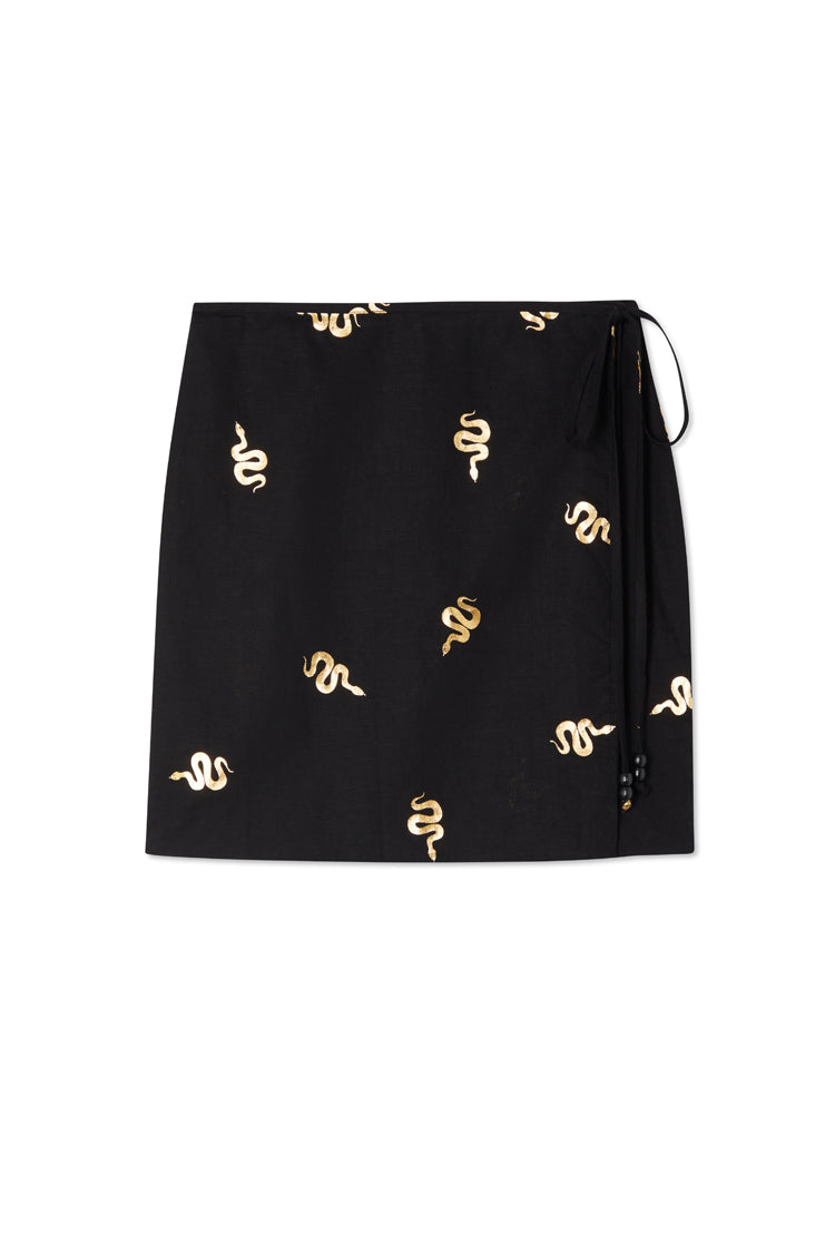 Black Snake Print Wrap Mini Skirt in Cotton Linen | Adjustable Tie