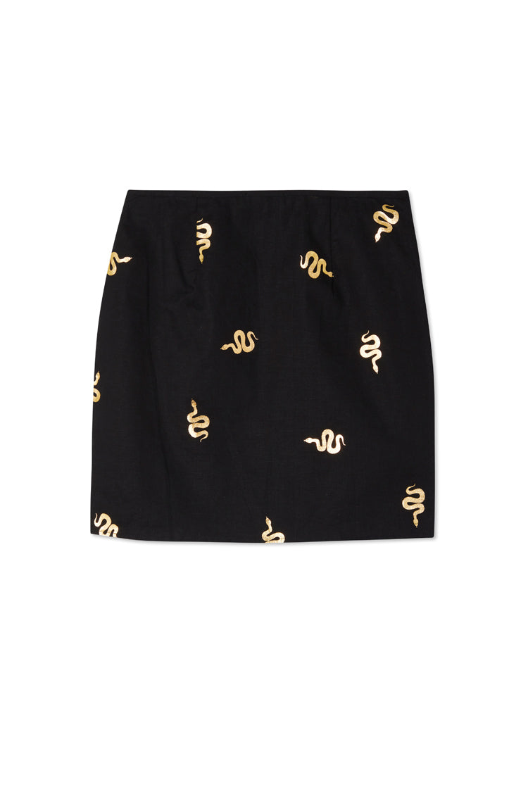 Black Snake Print Wrap Mini Skirt in Cotton Linen | Adjustable Tie
