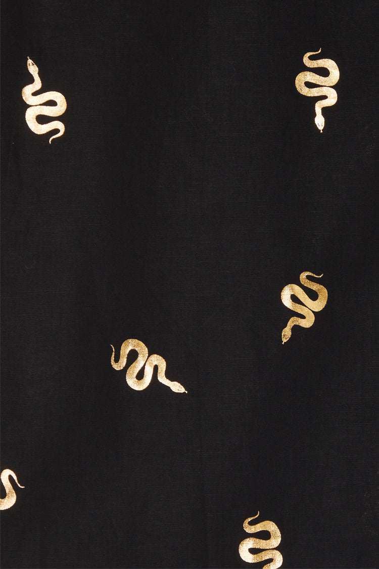 Black Snake Print Wrap Mini Skirt in Cotton Linen | Adjustable Tie