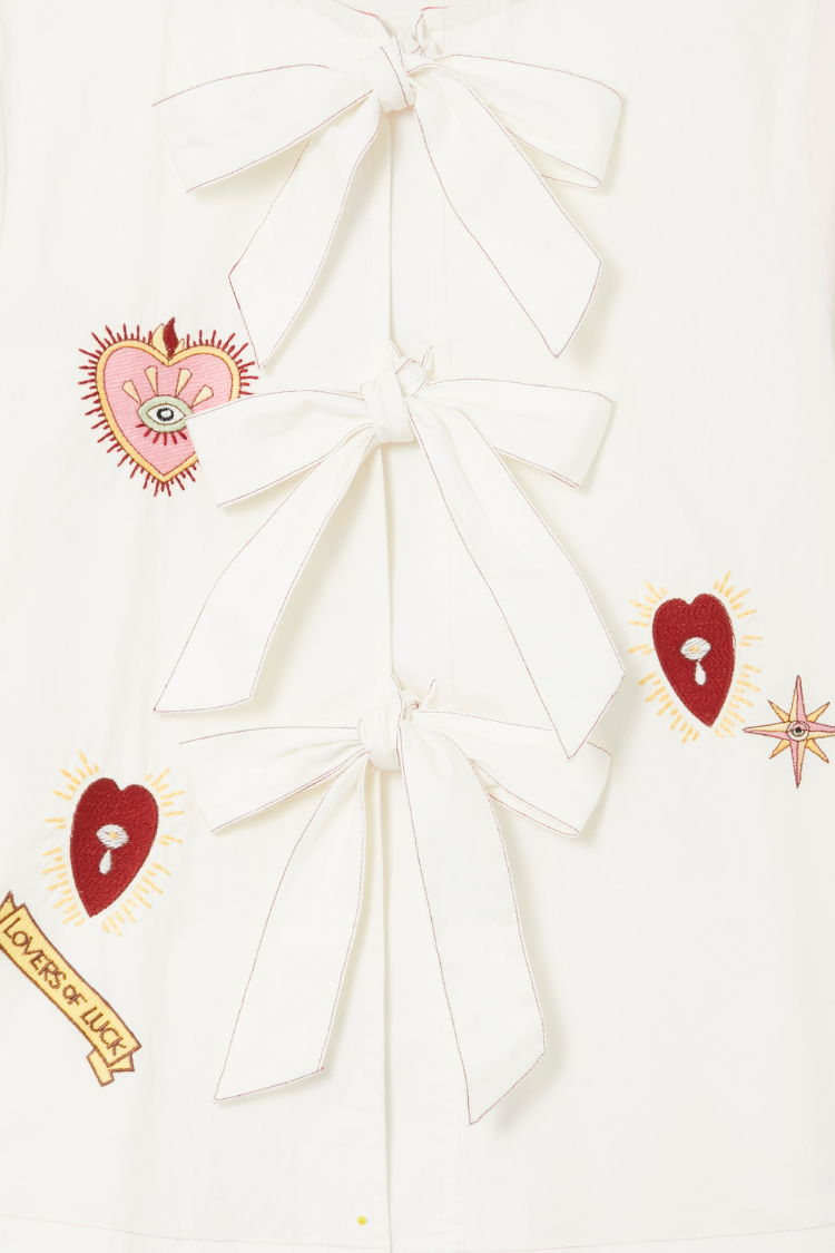 White Embroidered Cotton Blouse with Tie Front & Elastic Cuffs | Moroccan Inspired