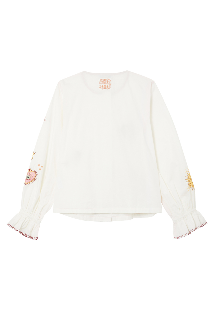 White Embroidered Cotton Blouse with Tie Front & Elastic Cuffs | Moroccan Inspired