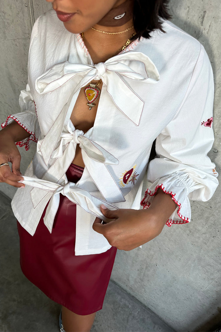 White Embroidered Cotton Blouse with Tie Front & Elastic Cuffs | Moroccan Inspired