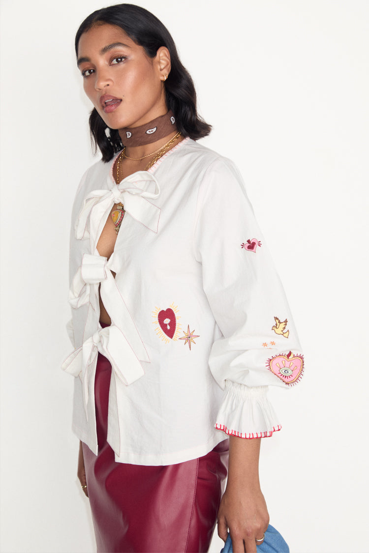 White Embroidered Cotton Blouse with Tie Front & Elastic Cuffs | Moroccan Inspired