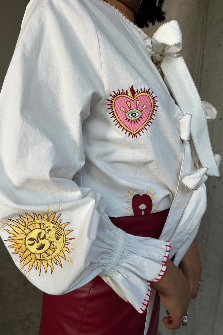 White Embroidered Cotton Blouse with Tie Front & Elastic Cuffs | Moroccan Inspired