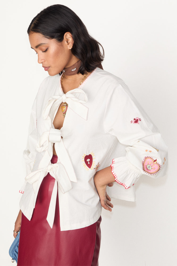 White Embroidered Cotton Blouse with Tie Front & Elastic Cuffs | Moroccan Inspired