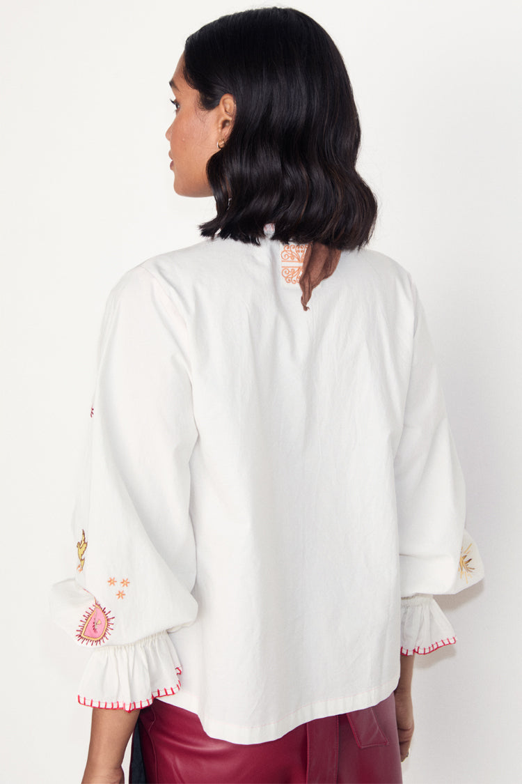 White Embroidered Cotton Blouse with Tie Front & Elastic Cuffs | Moroccan Inspired