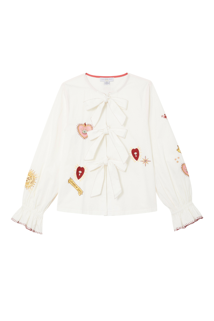 White Embroidered Cotton Blouse with Tie Front & Elastic Cuffs | Moroccan Inspired