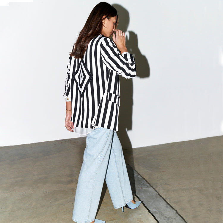 Black & White Striped Blazer with Diamond Back Pattern | Optic