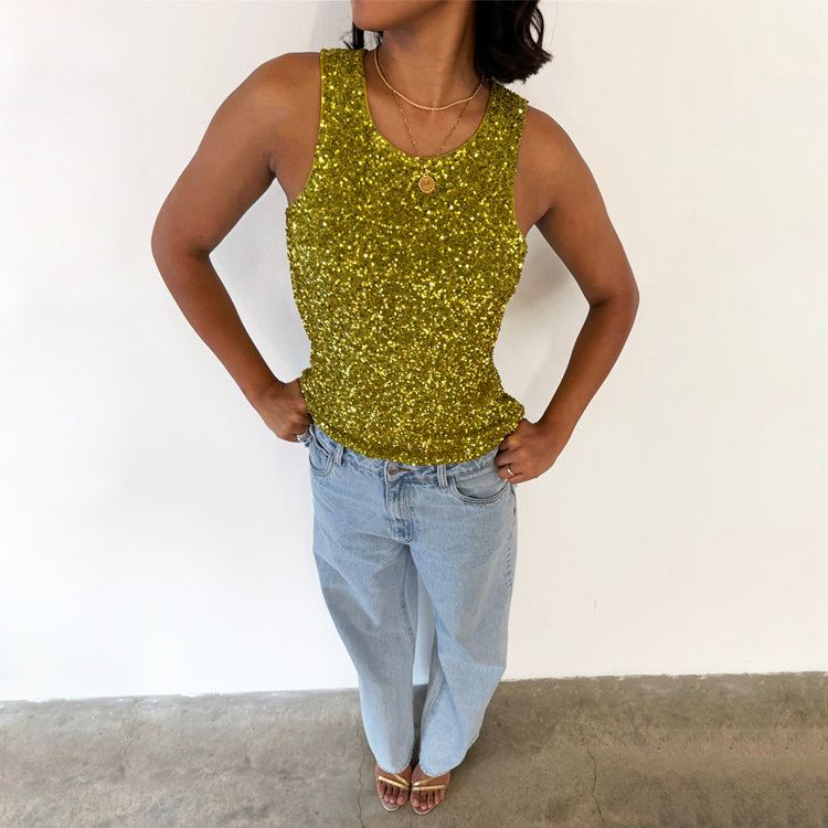 Lime Sequin Racerback Tank Top with Nude Mesh Lining